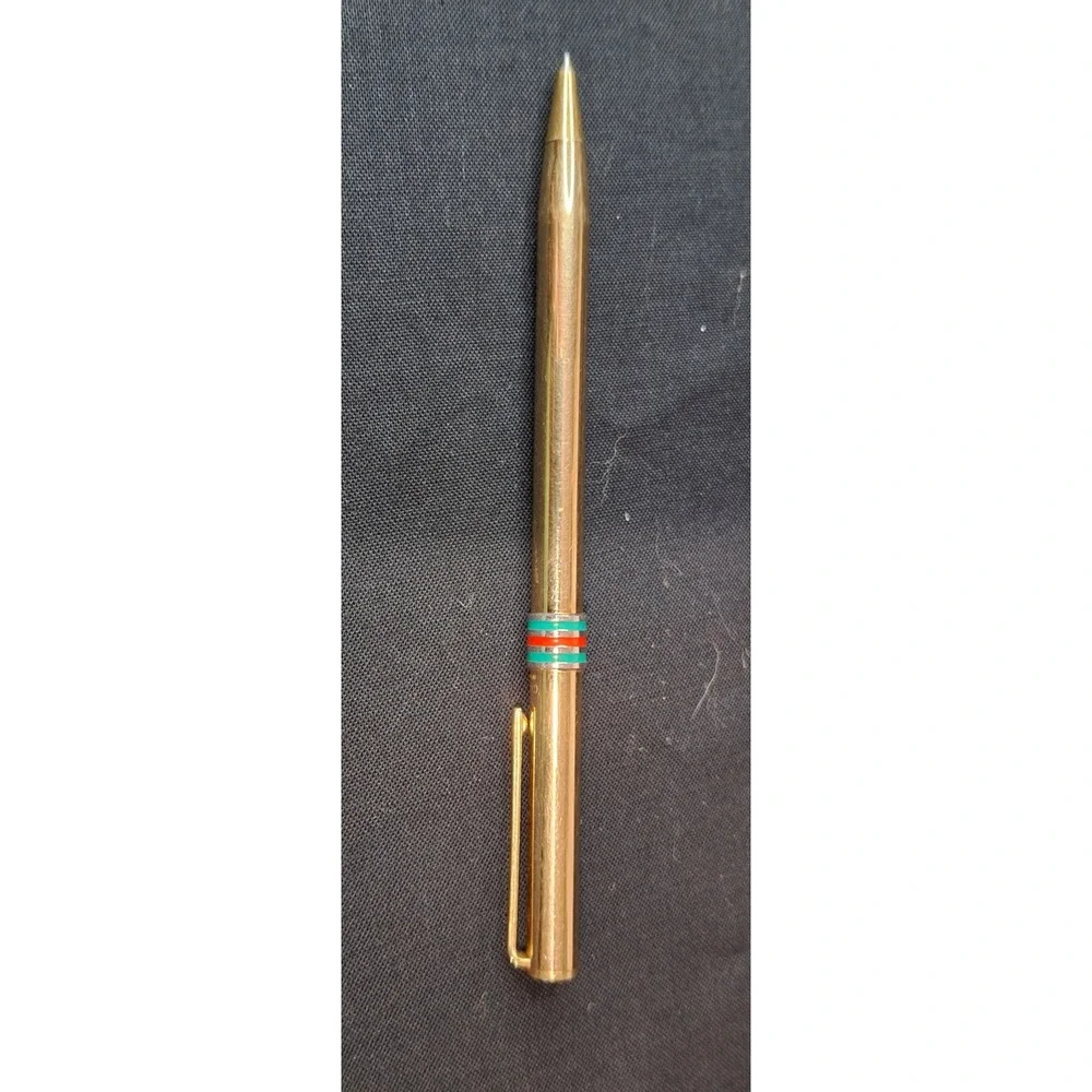 Vintage Gucci Gold Tone Ballpoint Pen Green Red Sherry Line‎ Stripe GG Logo